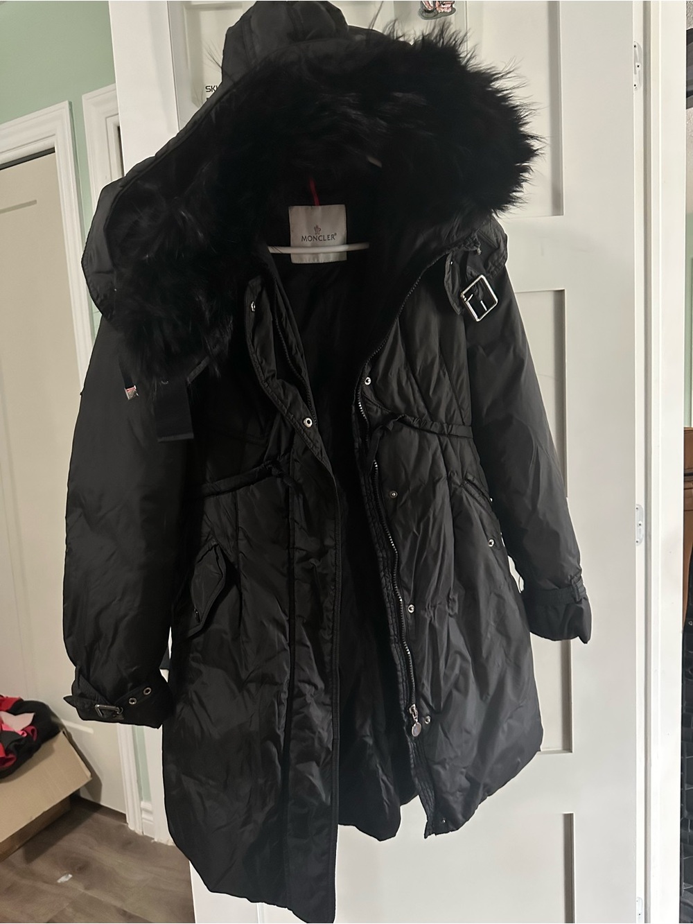 Moncler Black Faux-Fur Trim Long Puffer Coat